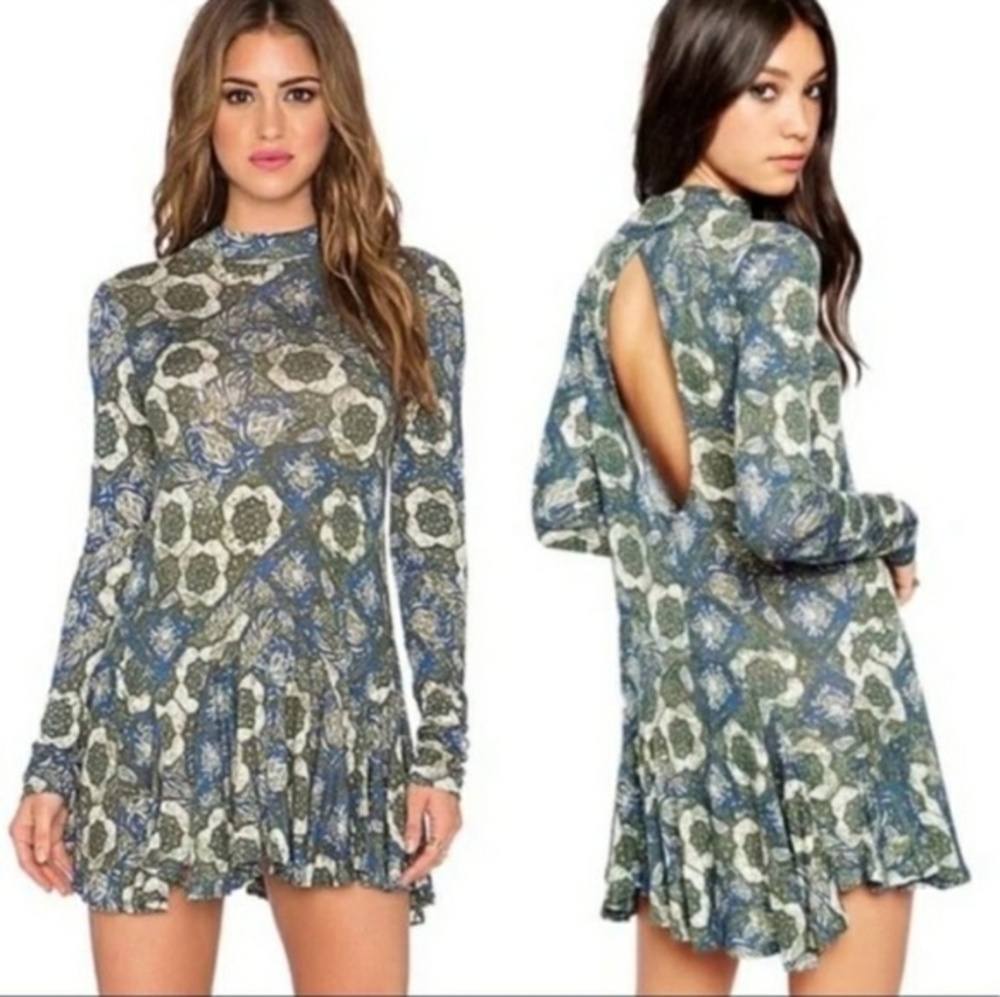 Free People Green Mandala Print Backless Long Sleeve Mini Dress Small